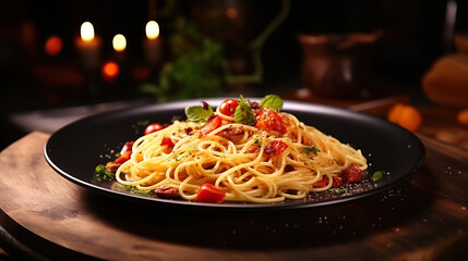 Delicious spaghetti served on a black plate put on wood table. - obrazy, fototapety, plakaty