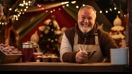 A cheerful elderly man with a white beard is wearing a Santa hat and a warm coat, holding a mug, smiling joyfully amidst a backdrop of festive lights and falling snow.