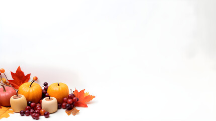 Naklejka na ściany i meble Thanksgiving Autumn leaves and pumpkins on white background with copy space