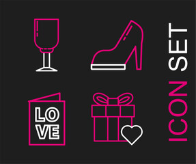 Set line Gift box and heart, Valentines day party flyer, Woman shoe with high heel and Wine glass icon. Vector