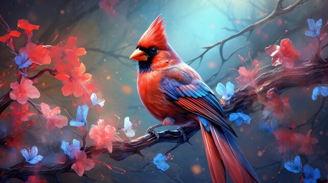  a red bird sitting on a branch of a tree with pink and blue flowers on it's branches and a blue sky in the background.  generative ai