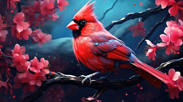  a red bird sitting on a branch of a tree with pink flowers in the foreground and a full moon in the background.  generative ai