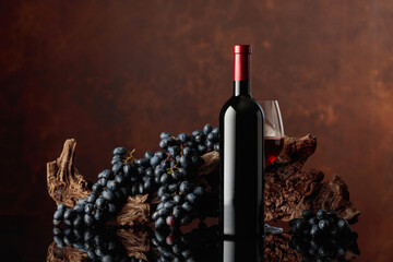 Bottle and glass of red wine with an old snag and blue grapes.