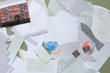 a collage of paper shapes