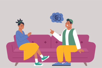 Psychotherapy session scene. Afro American man and woman sitting on sofa, male screaming. Psychology therapy, chaos in mind and support vector concept