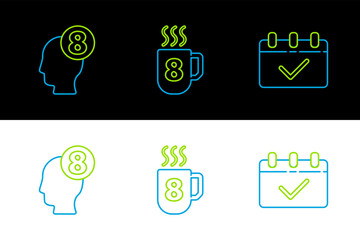 Set line Calendar with 8 March, in human head and Coffee cup icon. Vector