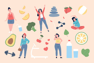 Body positive flat concept with curvy female characters and sport equipment and fresh food. Happy plus size women training, recent vector scene