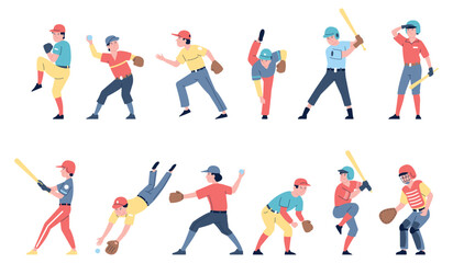 Fototapeta na wymiar Baseball players flat characters. American sport athletes game. Catcher, pitcher wear gloves and hitting ball with bat. Cartoon recent vector set