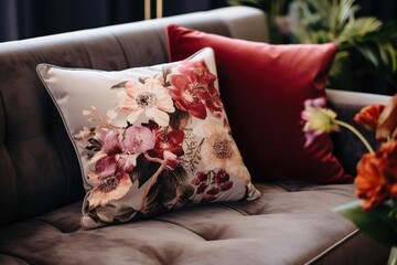 Close up of a luxury pillow on a sofa in a living room.