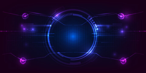 Fototapeta premium Vector illustration of futuristic digital technology background with circle tech head up display,grid field and circuits network curve panel for advertising and game graphic 