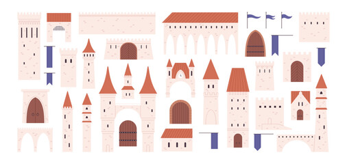 Isolated medieval castle constructor. Fortress, towers castles elements. Childish paper game, old architecture. Flags, gates racy vector clipart - obrazy, fototapety, plakaty