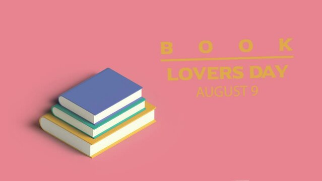 Animation for National Book Lover's Day with a stack of books and text on a pink background on August 9