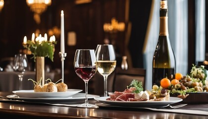 Wedding dinner service featuring an elegant restaurant table with wine glass and appetizers in a soft light and romantic atmosphere