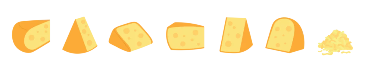 Foto op Plexiglas Cuts cheese slices and parts. Cheeses for sandwiches and pizza, rubbed with shavings curd product. Fresh dairy product racy vector elements © LadadikArt