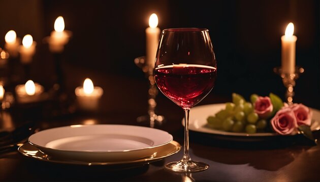 Romantic setting with glass of wine and rose - Perfect for intimate moments