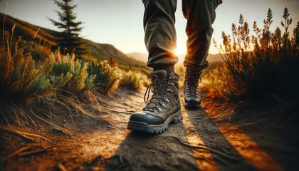 Active hiker on mountain trail: close-up of leather boots in motion, foot raised and planted on rocky path - obrazy, fototapety, plakaty