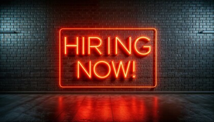 Hiring now neon sign on brick wall background.