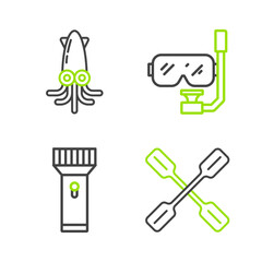 Set line Paddle, Flashlight, Diving mask and snorkel and Octopus icon. Vector