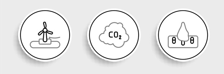 Set line Deforestation, Wind turbine and CO2 emissions cloud icon. Vector