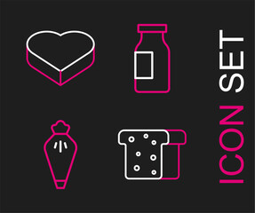 Set line Bread toast, Pastry bag, Bottle with milk and Candy in heart shaped box icon. Vector