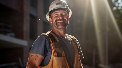 Successful male architect at building site looking at camera. Confident construction manager wearing blue helmet and yellow safety vest with copy space. Portrait of successful mature civil engineer.