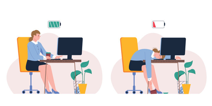 Office manager burned on work. Exhausted and rested worker at computer. Woman at work, corporate professional flat splendid vector character