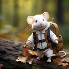 Little white mouse carrying backpack ready for adventure