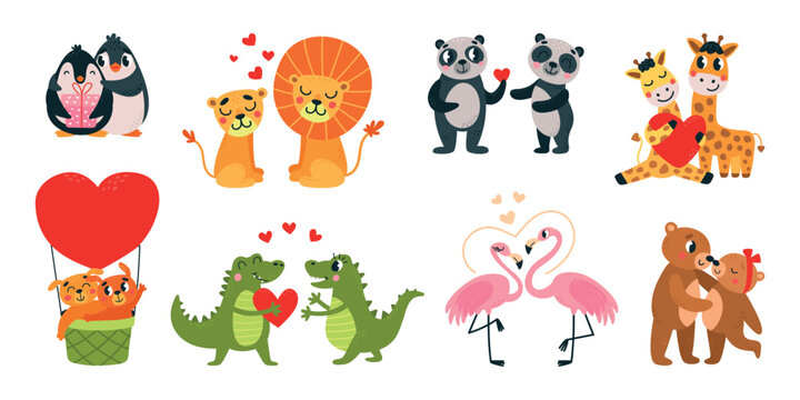 Cute animal couples romantic characters. Animals in love, hugging and hold hands. Funny cartoon bear and leo, valentine day classy vector clipart