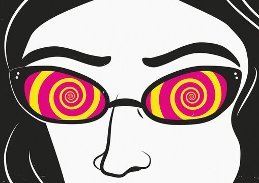 Lentes psicod&eacute;licos de mujer con espiral de colores amarillo y fuxia