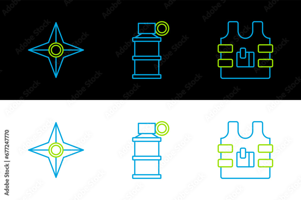 Canvas Prints Set line Bulletproof vest, Japanese ninja shuriken and Hand smoke grenade icon. Vector