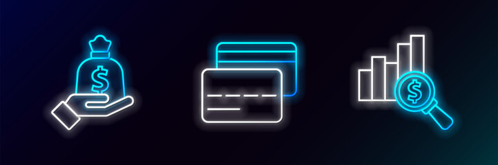 Set line Pie chart and dollar, Hand holding money bag and Credit card icon. Glowing neon. Vector