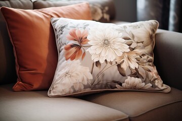 Close up of a luxury pillow on a sofa in a living room.
