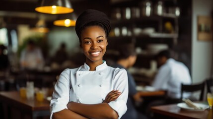 Smiling black female chef in her restaurant women and black owned business concept - obrazy, fototapety, plakaty