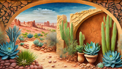 Desert dreamscape, Sandstone walls, succulent accents, and earthy textures evoke arid landscapes.