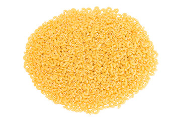 A Heap of Uncooked Chifferi Rigati Pasta Isolated on White Background. Fat and Unhealthy Food. Classic Dry Macaroni Texture. Italian Culture and Cuisine. Raw Pasta - Isolation