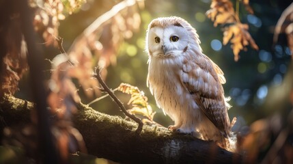 white owl in autumn forest
