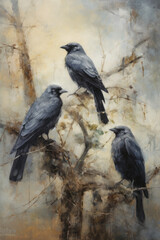 An Antique Oil on Canvas Painting Depicting Crows and Black Birds, Crafted with Thick Brush Strokes, Emanating Nostalgia through Vintage and Muted Colors. A Victorian Gothic Ambiance