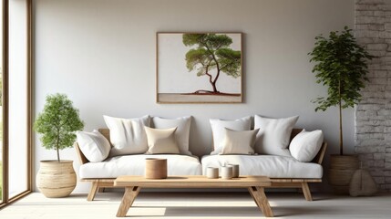 Rustic accent coffee table near sofa Scandinavian home interior design of modern living room in farmhouse 