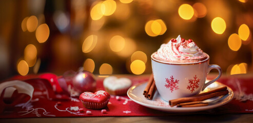 Obraz na płótnie Canvas Holiday Serenity: Hot Chocolate and Christmas Decorations.