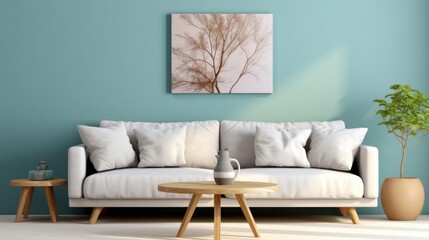 Rustic round coffee table near white sofa against turquoise wall Scandinavian home interior design of modern living room 