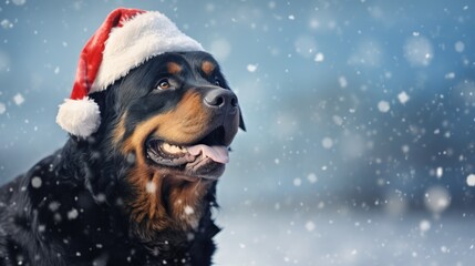 Cute Christmas dog wearing a red Santa hat sits on a white background holding a Christmas tree ball. Christmas or New Year card with a golden retriever. - obrazy, fototapety, plakaty