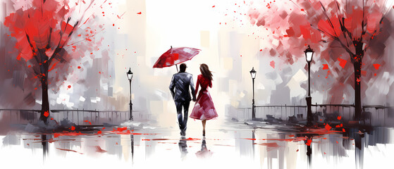 Romantic couple in love walking in the city. Art design for backdrop or wallpaper with copy space. - obrazy, fototapety, plakaty