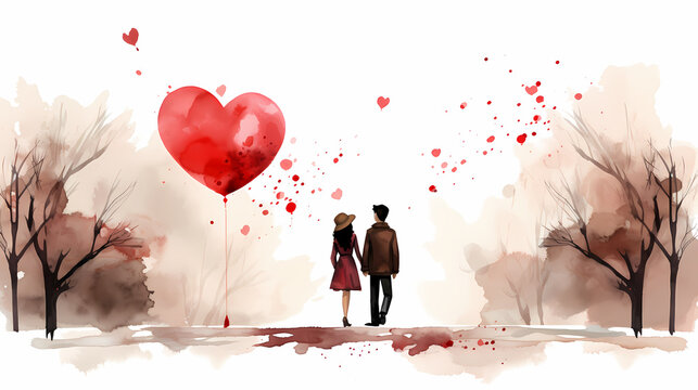 Romantic couple in love walking on watercolor background. Valentine's day background with man and woman.