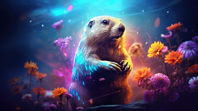  a painting of a groundhog standing on its hind legs in the middle of a field of wildflowers.  generative ai