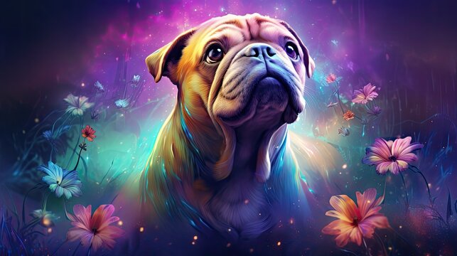  a painting of a dog sitting in a field of flowers with a purple sky in the background and pink and blue flowers in the foreground.  generative ai