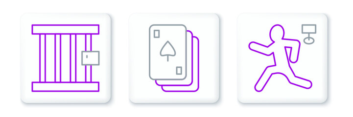 Set line Murder, Prison window and Playing cards icon. Vector