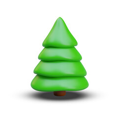 Front view on green Christmas tree on white background. Concept of winter holidays, new year celebration. Vector illustration in 3d realistic cartoon style