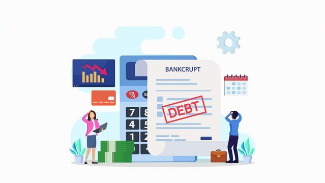 Credit card debt concept, Frustrated businessman having financial problems, debts and loans. 2d video animation 4k clip