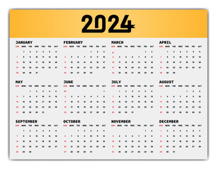 Calendar 2024 new year single page 12 month annual calendar template. Monthly yearly calendar layout ready to print. 2024 annual calendar grid wall or desk layout. Planner for 2024 year, diary.