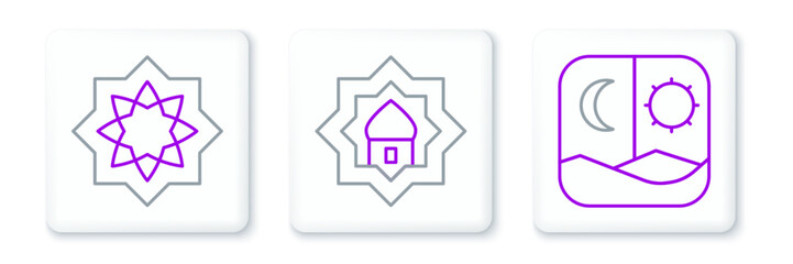 Set line Ramadan fasting, Octagonal star and Muslim Mosque icon. Vector